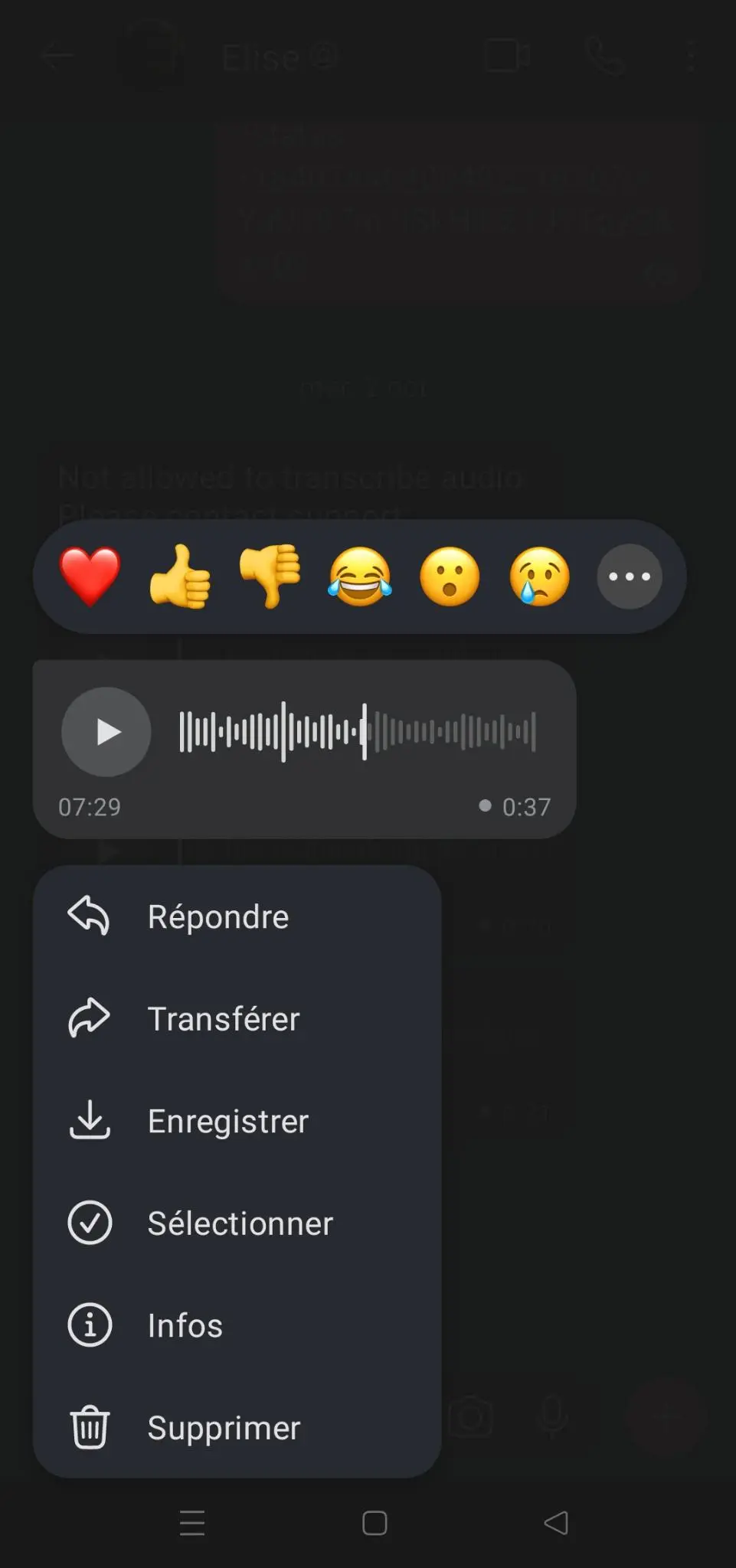 Afficher le menu pour transférer le message audio à SignalWhisperBot