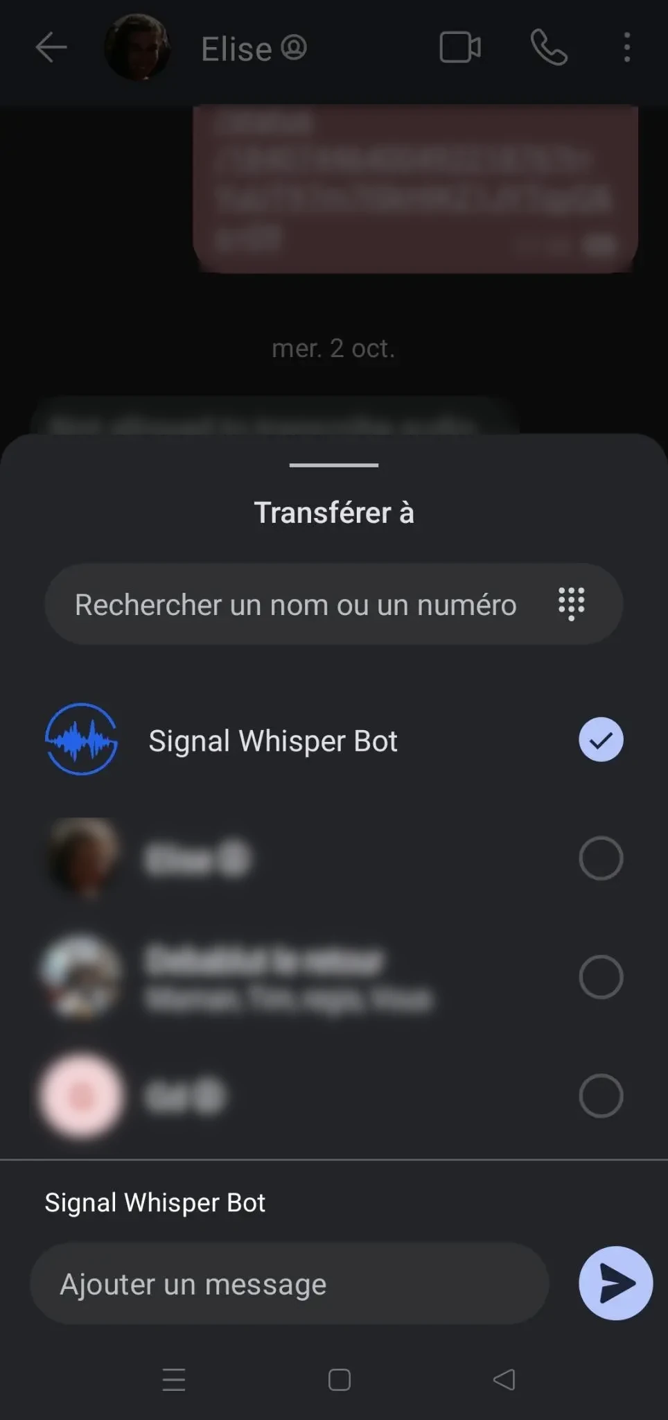 Sélectionnez SignalWhisperBot pour lui transférer le message vocal à transcrire